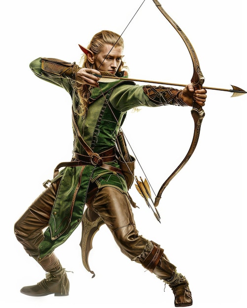 Fantasy Archer in Battle Stance with Bow and Arrow