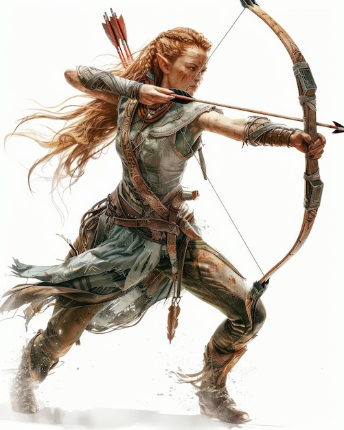 Fantasy Archer in Battle Stance with Bow and Arrow