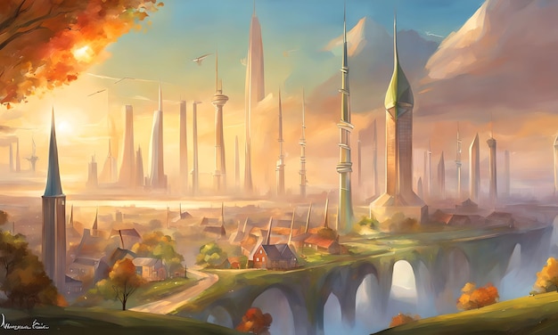 Fantasy art of a city skyline with wind turbines and solar panels integrated into buildings