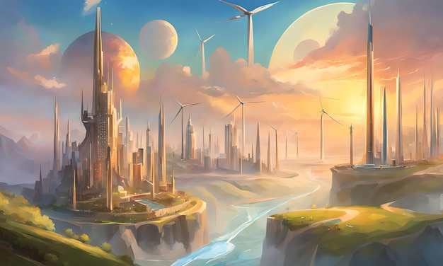 Fantasy art of a city skyline with wind turbines and solar panels integrated into buildings