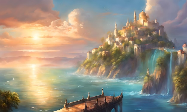 fantasy art of a coastal city with water levels creeping up