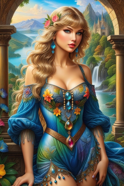 a fantasy art image of a beautiful woman in a blue dress with mount and waterfall background