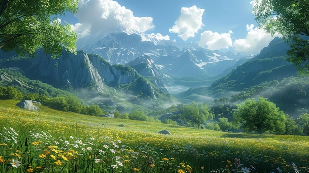 Fantasy art landscape painting of a mountain valley with a river running through it