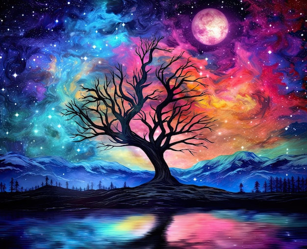 Fantasy art painting night landscape colorful watercolor mountains river trees sky stars background