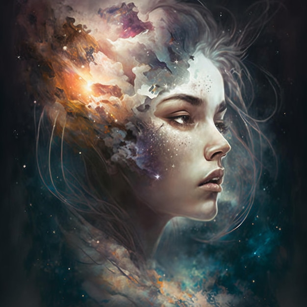 Fantasy art portrait of young woman with head in galaxy digital painting artwork