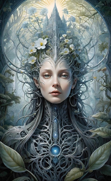 Fantasy art with a beautiful forest goddess integrated into the tree forest fairy dark fantasy