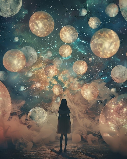 Fantasy art Woman surrounded by giant light balls dream imagination concept mystery wallpaper