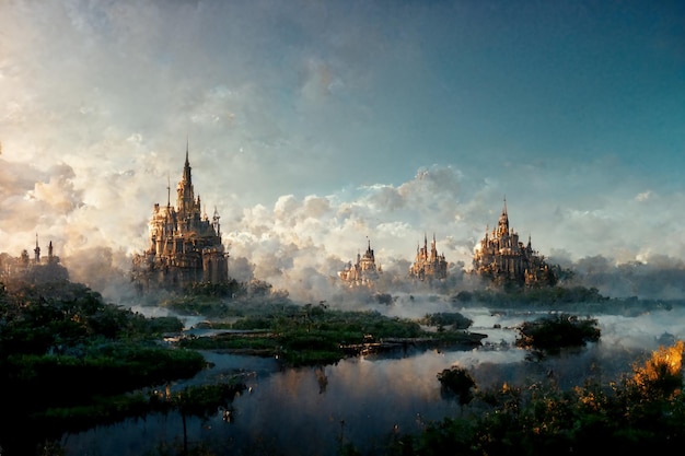 Fantasy artwork of medieval castles