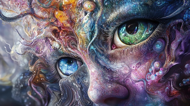 Fantasy artwork of a surreal face with vibrant colors and intricate details featuring expressive eye