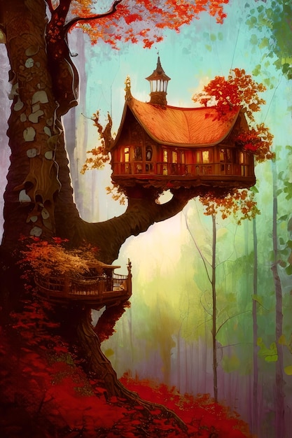 A fantasy autumn treehouse