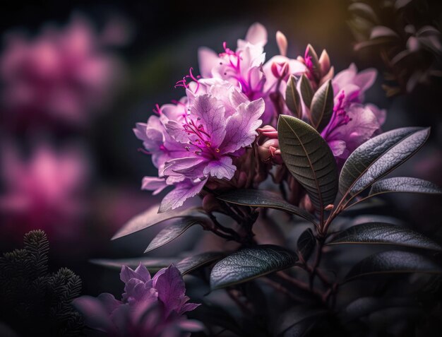 Fantasy azalea plants and glowing flowers background close up