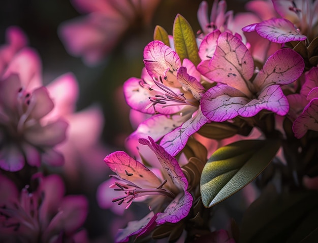 Fantasy azalea plants and glowing flowers background close up