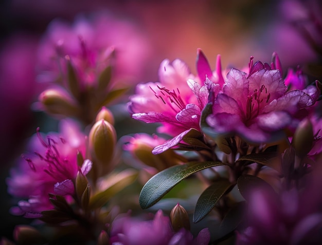 Fantasy azalea plants and glowing flowers background close up