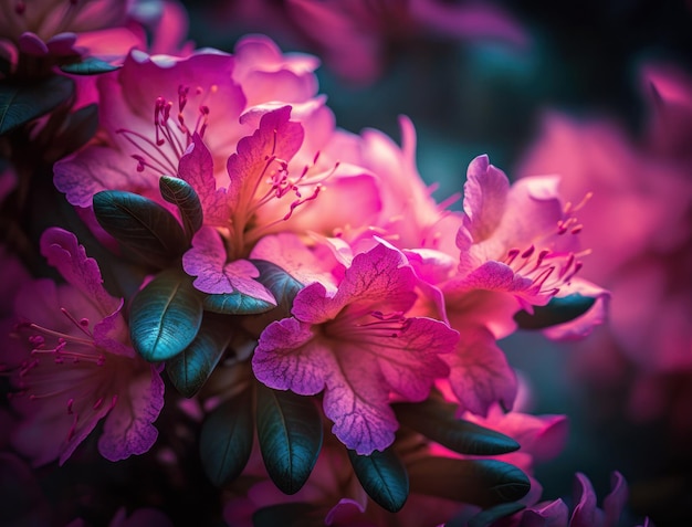 Fantasy azalea plants and glowing flowers background close up