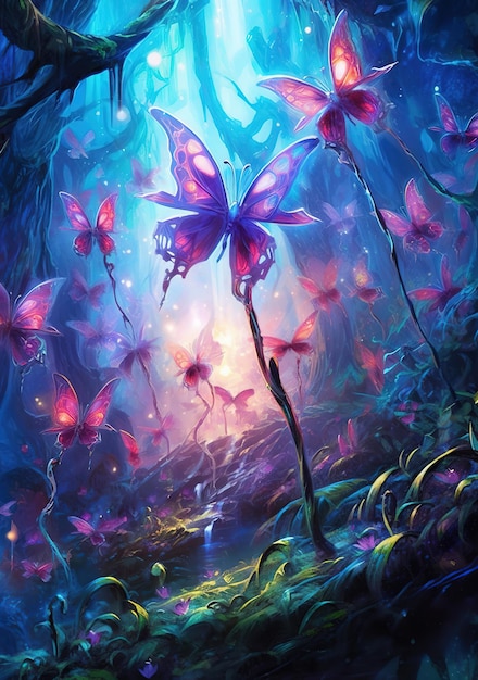 Fantasy Background Magical Mushrooms and Butterfly in an Enchanted Fairy Tale dreamy elf Forest