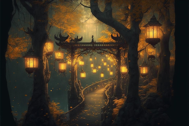 Fantasy background of wlak way in enchanted forest with lantern