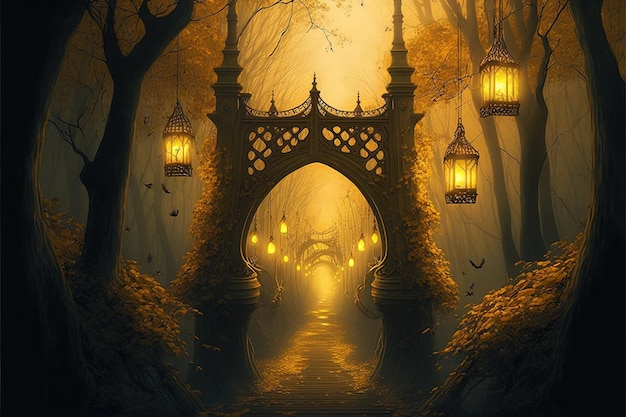 Fantasy background of wlak way in enchanted forest with lantern