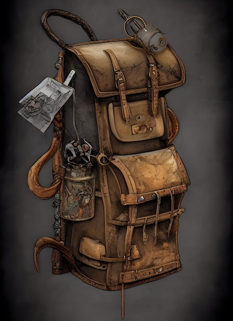 fantasy backpack, grapple hook, flasks and lock picks, fantasy digital art, horror art, apocalypse