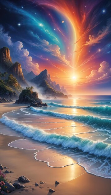 Photo fantasy beach sunrise with starry sky