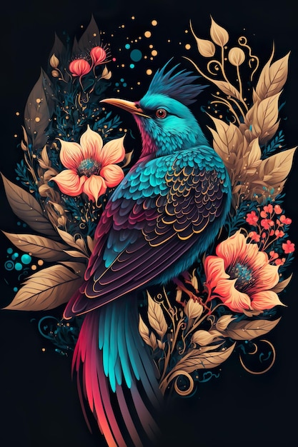 Fantasy Bird on flowers hummingbird Luxury wallpaper prints poster AI illustration