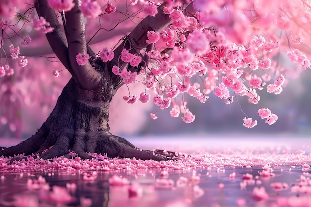 Photo fantasy blossoming sakura tree with magic bright pink neon petals