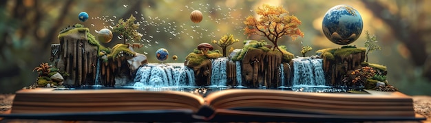 Photo fantasy book with miniature worlds planets and waterfalls magical and whimsical scene