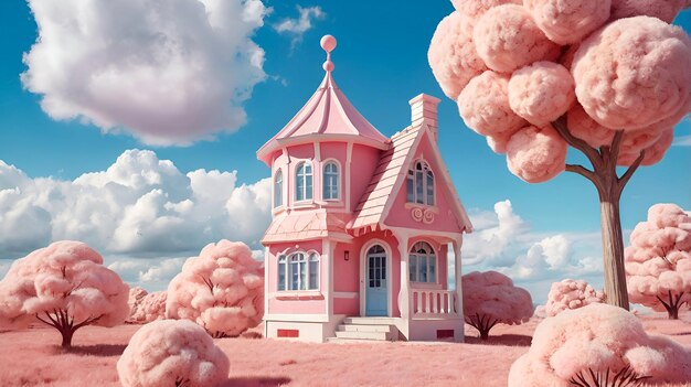 Photo fantasy candy house surreal pastel wonderland with pink trees and blue skies