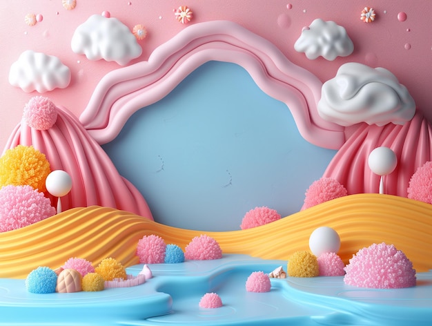 Fantasy Candy Land with Pastel Mountains and Clouds