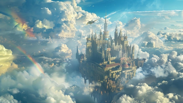 Fantasy castle floating in the sky among clouds with vibrant rainbows and a vivid blue sky Majestic and magical atmosphere