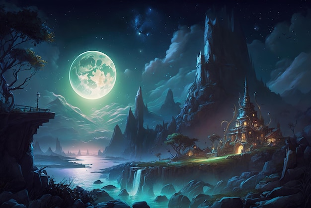 A fantasy castle on a heavily forrested city at night