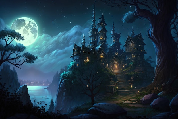 A fantasy castle on a heavily forrested city at night