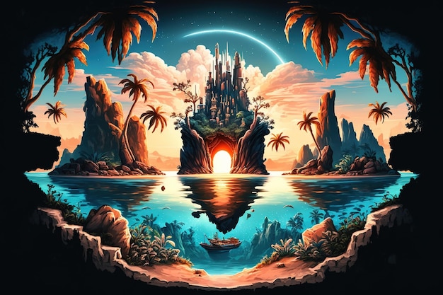 A fantasy castle in the ocean with a palm tree in the background.