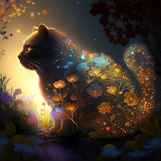 fantasy cat back lit flowers generative AI