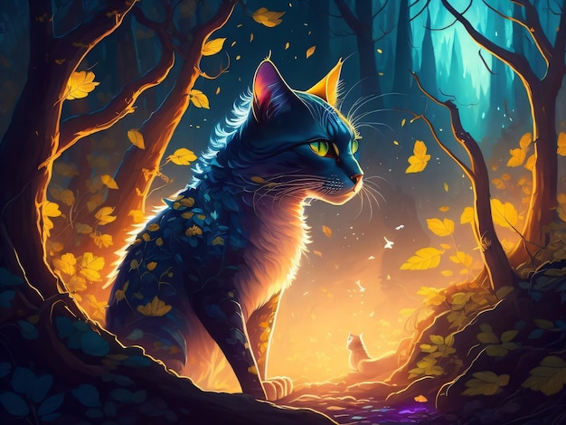 A fantasy cat in the deep dark forest illustration