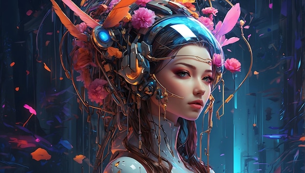 fantasy character in the cyber age scifi background female cyborg