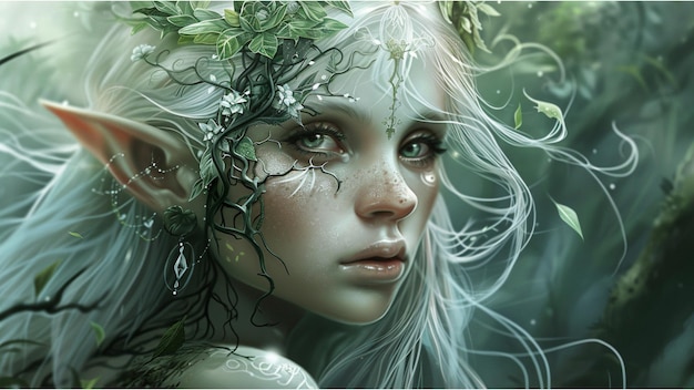 Photo a fantasy character with features reminiscent of a forest nymph or elf