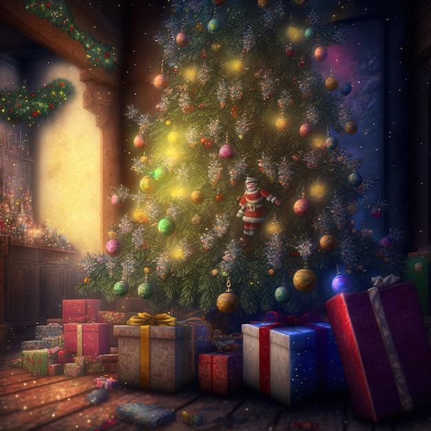 Fantasy christmas tree with gifts celebrating merry christmas. Christmas card background