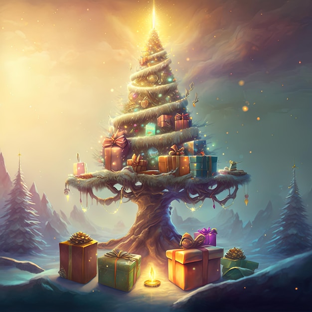 Fantasy christmas tree with gifts celebrating merry christmas. Christmas card background