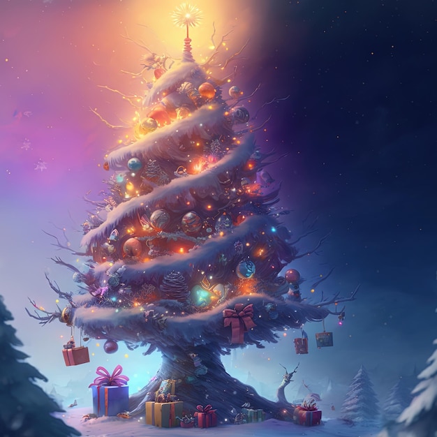 Fantasy christmas tree with gifts celebrating merry christmas. Christmas card background