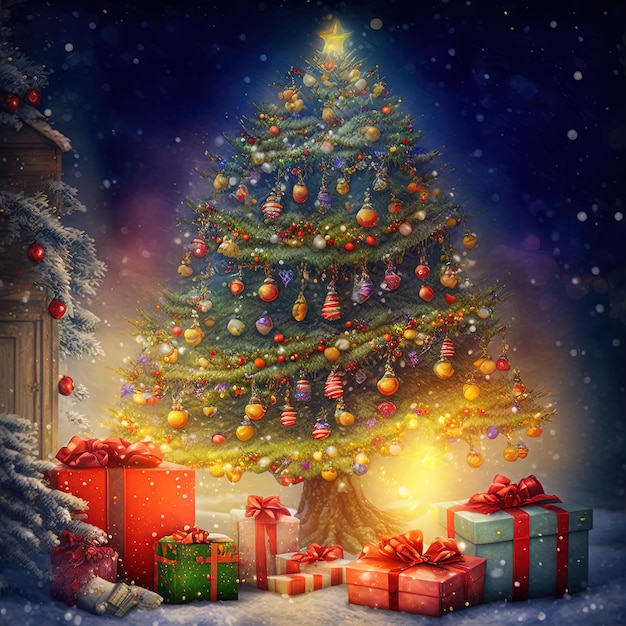 Fantasy christmas tree with gifts celebrating merry christmas. Christmas card background