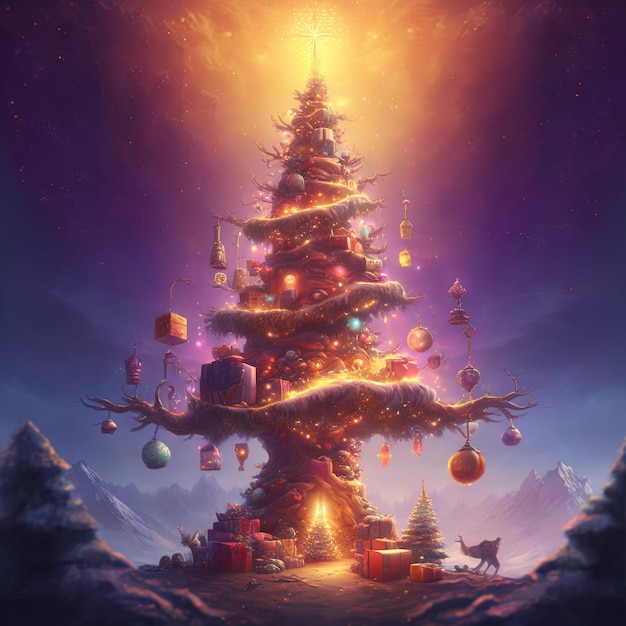 Fantasy christmas tree with gifts celebrating merry christmas. Christmas card background