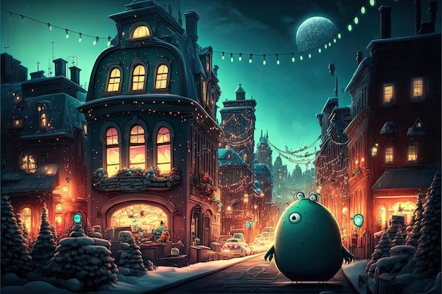 Fantasy city Christmas winter time surreal image with beautiful buildings and snow Christmas trees and happiness Generative Ai