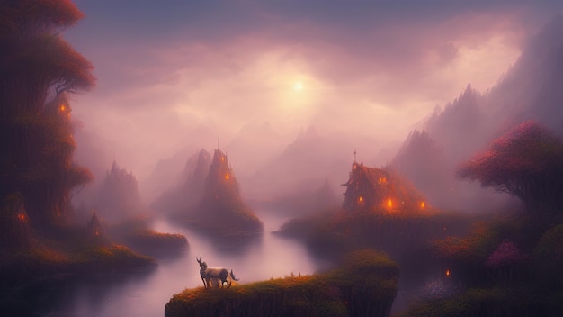 A fantasy city in a mystical fog A fictional landscape made in the style of oil painting on canvas