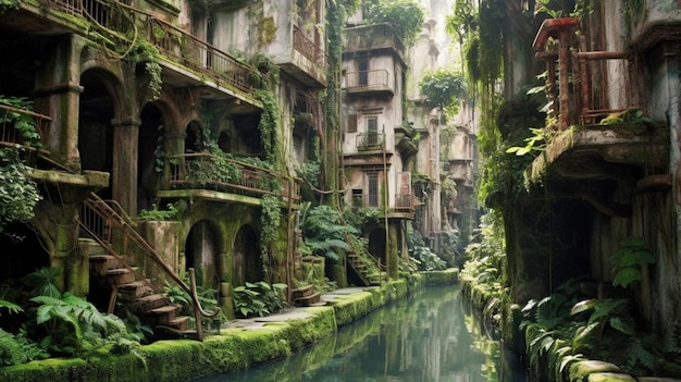 A fantasy city with a river in the middle