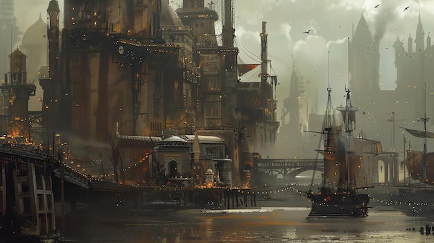 A fantasy city with a ship docked at the harbor