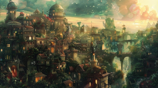 Fantasy cityscape depicting a mystical dreamlike world with castles bridges and lush greenery under an enchanting sky