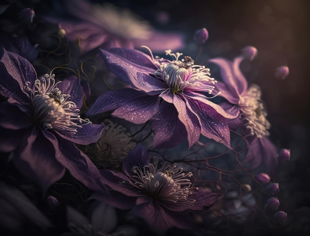 Fantasy clematis plants and glowing flowers background close up