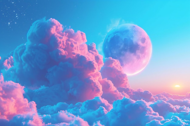 Fantasy cloudscape with full moon at sunset