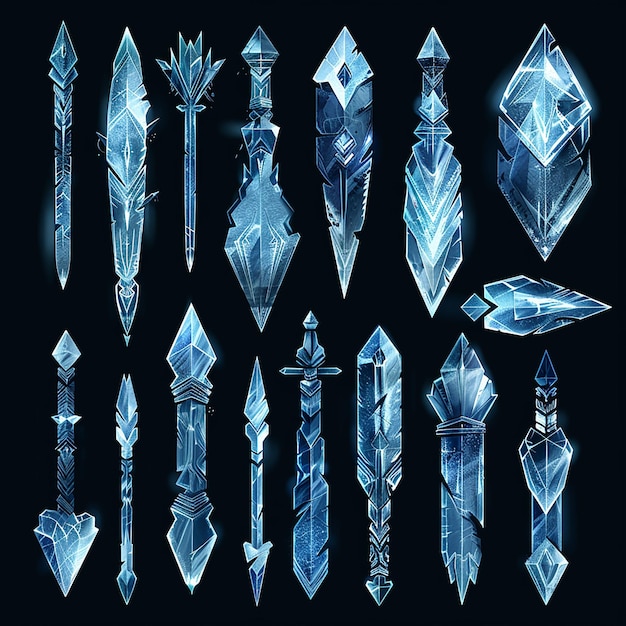 Fantasy Collection of Crystal Ice Weapons and Swords in Futuristic Blue Design for Game and Concept Art