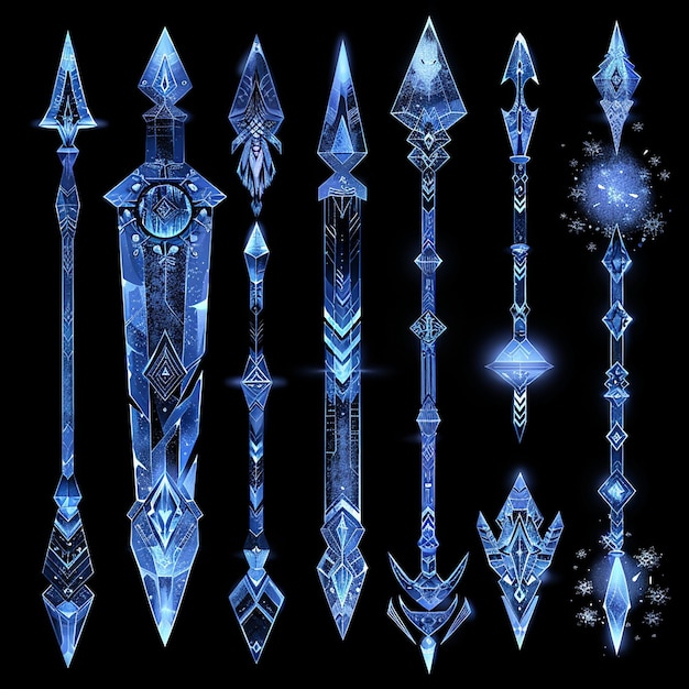 Fantasy Collection of Crystal Ice Weapons and Swords in Futuristic Blue Design for Game and Concept Art